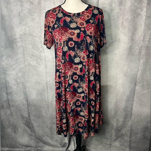 LuLaRoe Carly Floral Print Navy and Red Short Sleeve High-Low Swing Dress - S - Picture 1 of 11